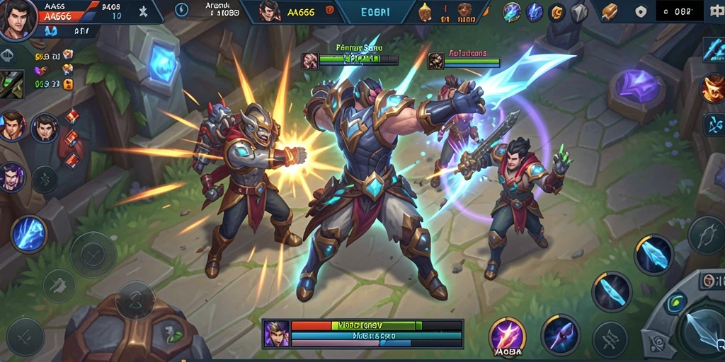 Tangkapan layar gameplay AA666 dengan karakter bertarung di arena MOBA.